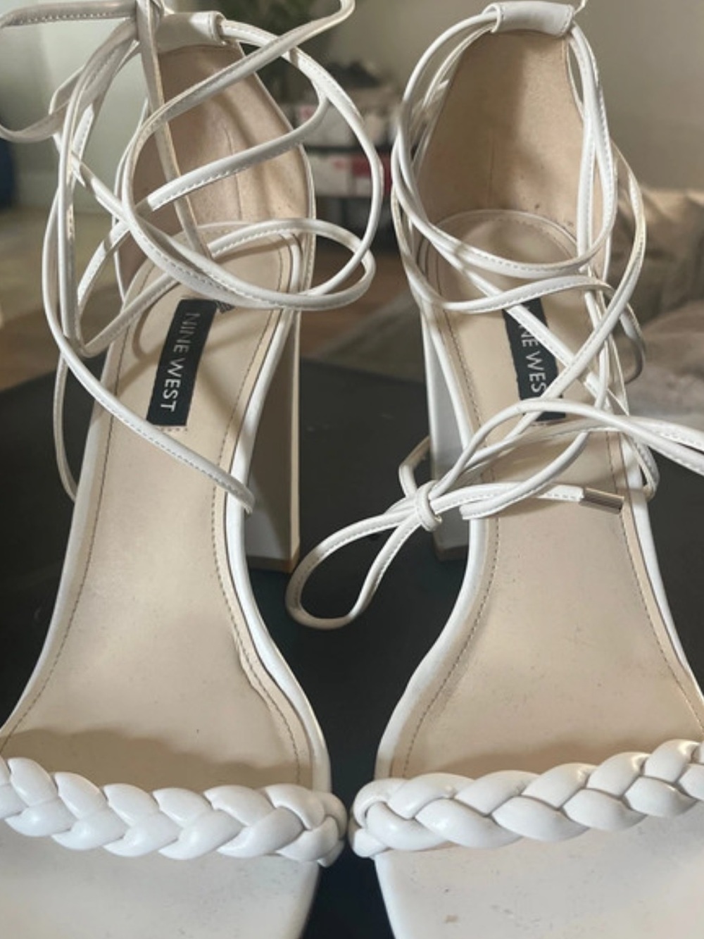 Nine West White Braided Lace-Up Block Heels